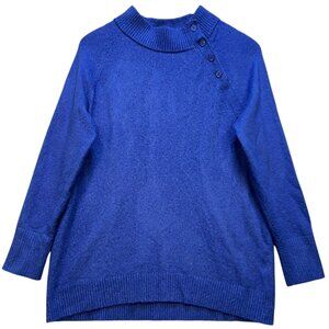 Talbots Womens Funnel Neck Button Detail Pullover Tunic Sweater Knit Size M Blue